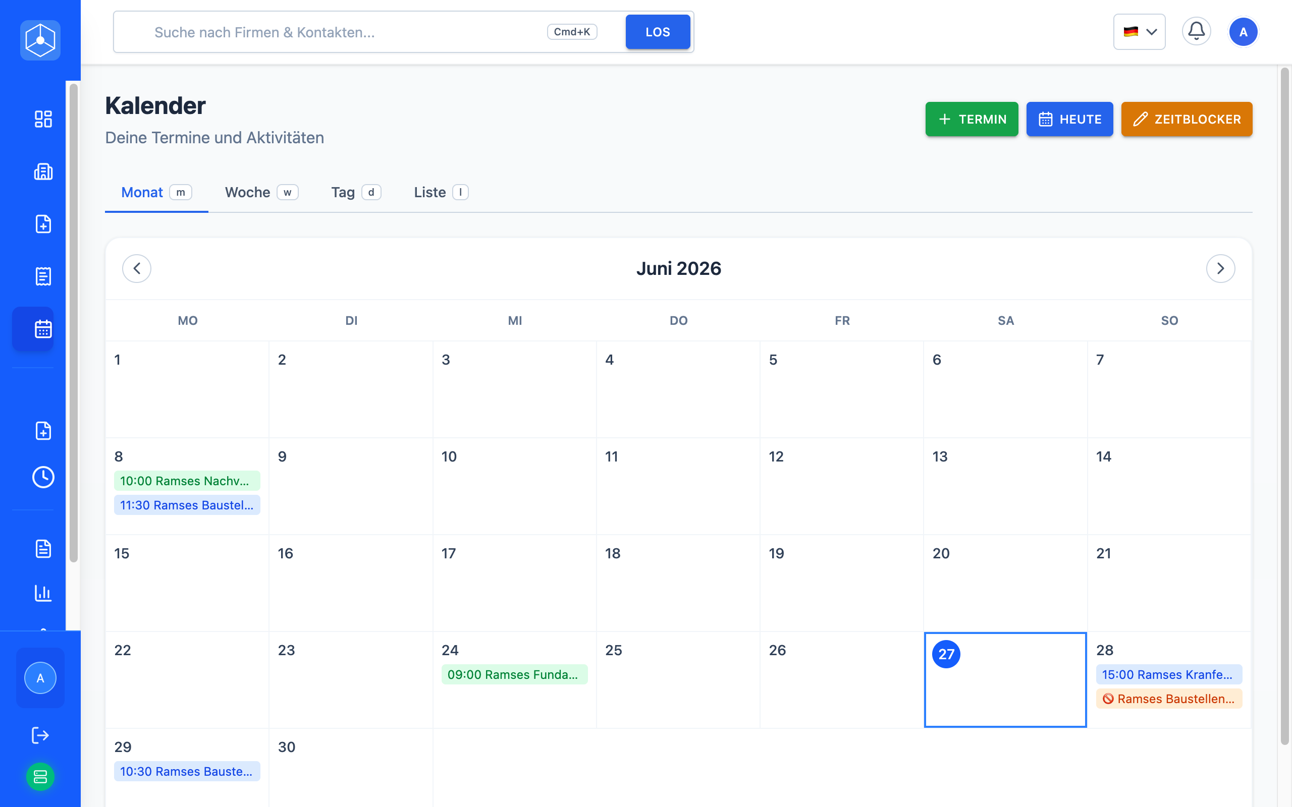 KernCRM Kalender mit Terminen in der Monatsansicht